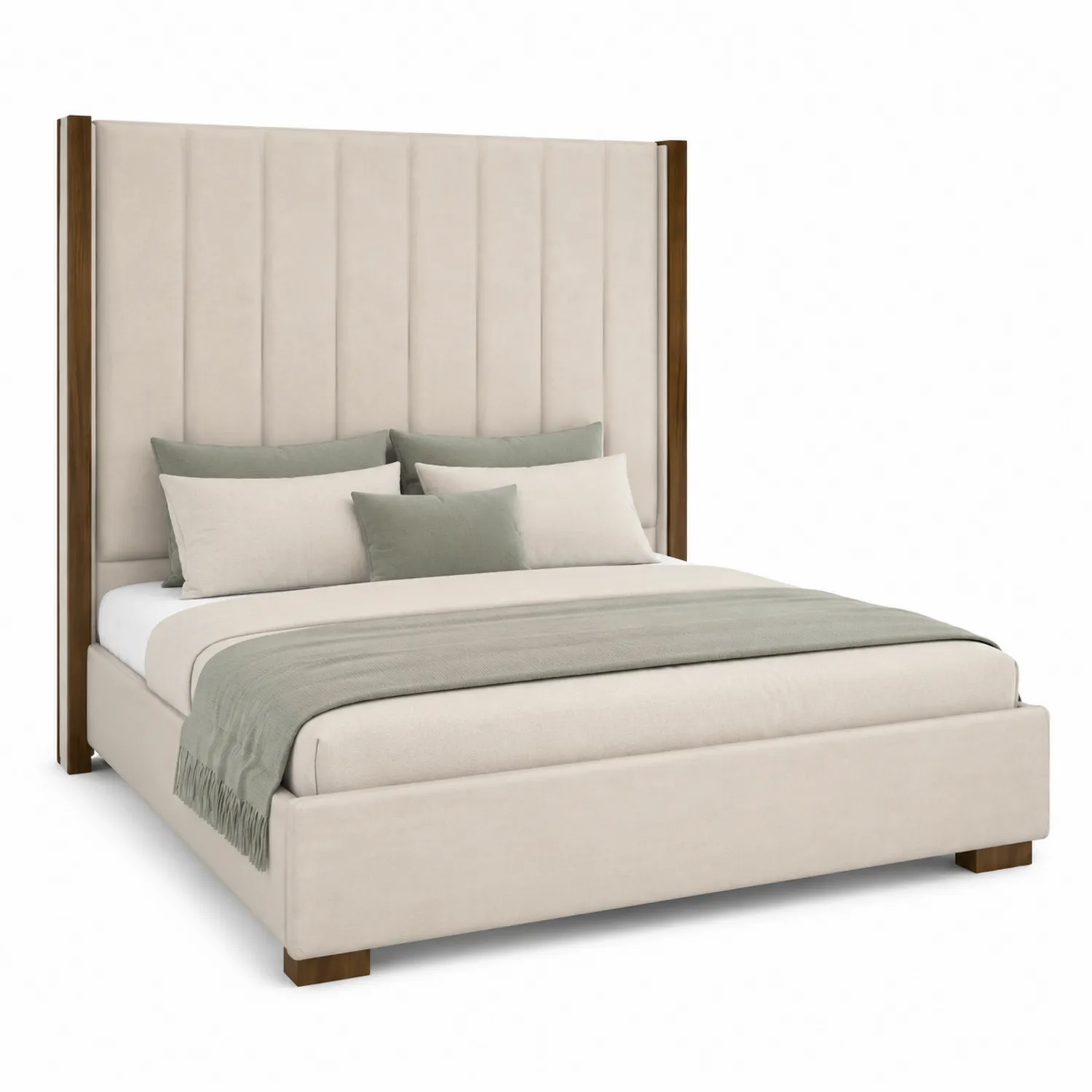 Cama matrimonial con cabecera alta tapizada en terciopelo beige