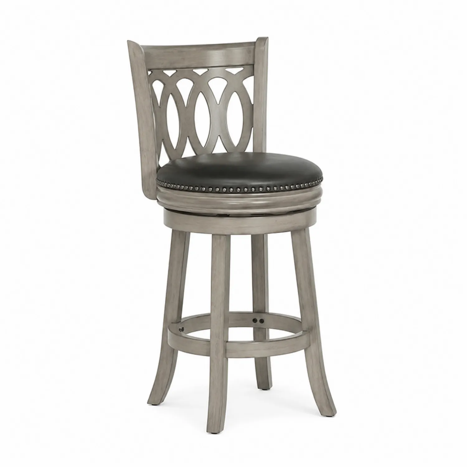 Taburete de madera con asiento de cuero sintético negro y respaldo decorativo
