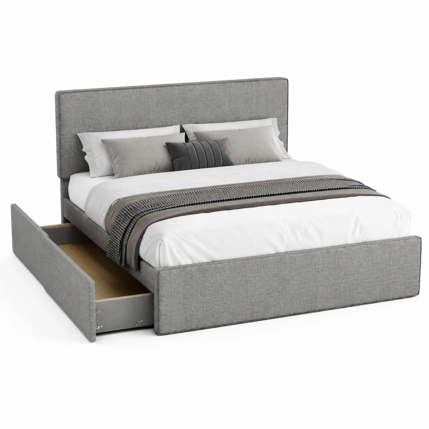 Cama doble tapizada gris con almacenamiento de madera contrachapada y metal