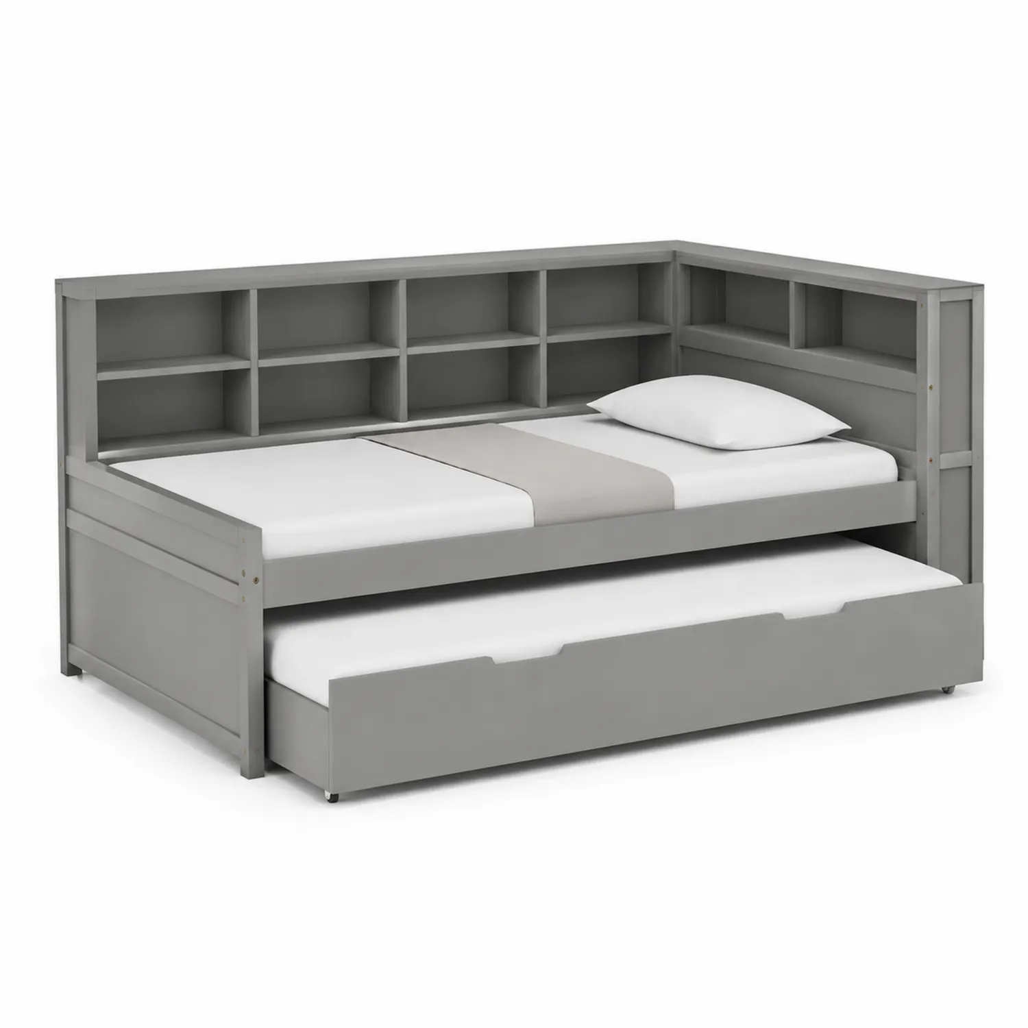 Sofá Cama Esquinero de Madera con Estanterías y Cama Nido Gris