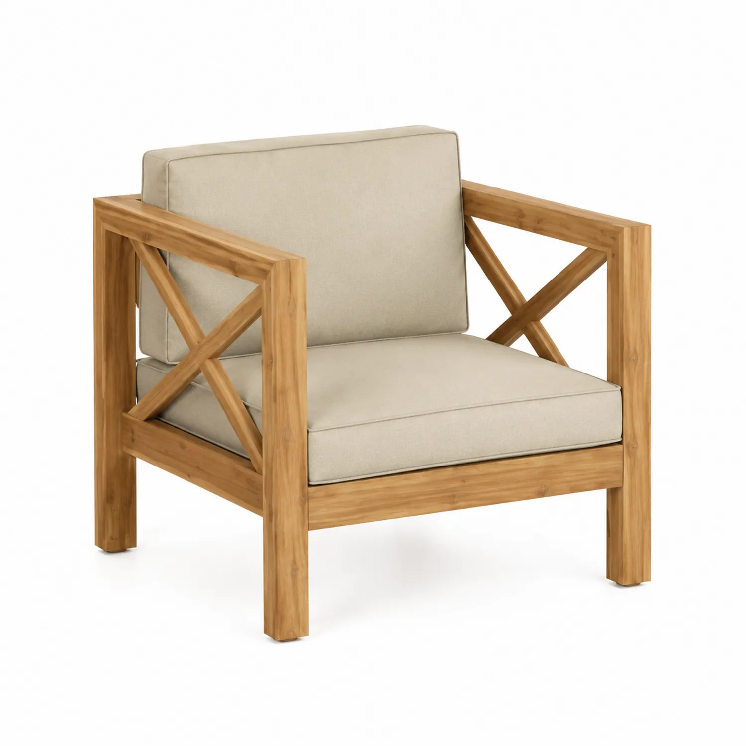 Sillón de madera de acacia con cojines de color crema