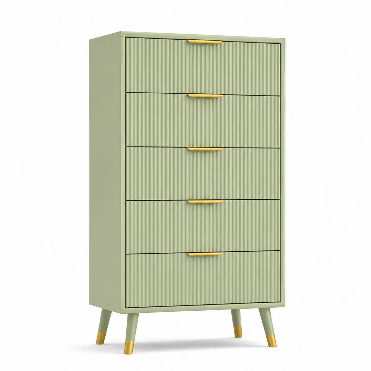 Cómoda de MDF Verde con Patas de Metal y Cinco Cajones
