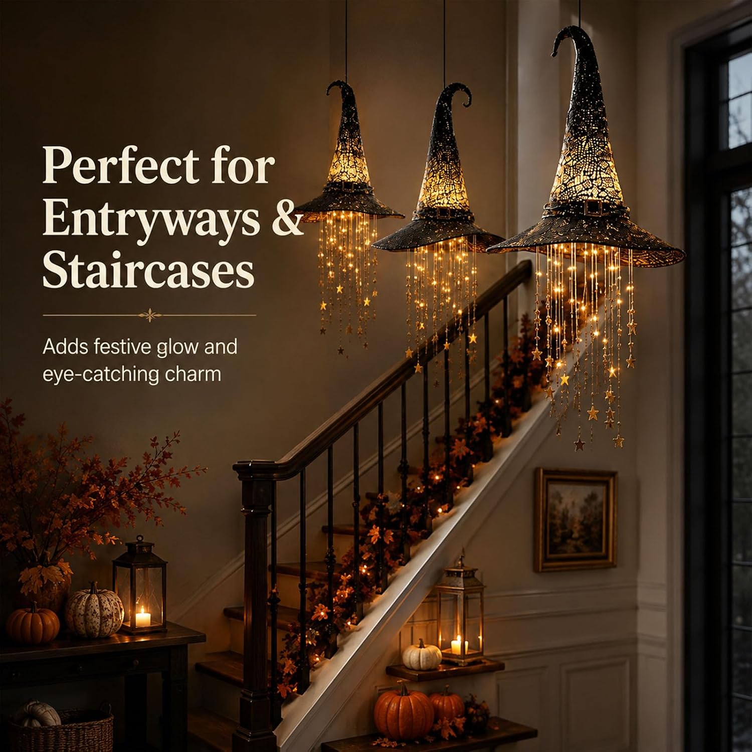 Lighted Witch Hat Halloween Hanging Decoration, Warm LED Hanging Decor with Dangling Stars for Covered Porch, Window, Entryway, Patio, Staircase and Party