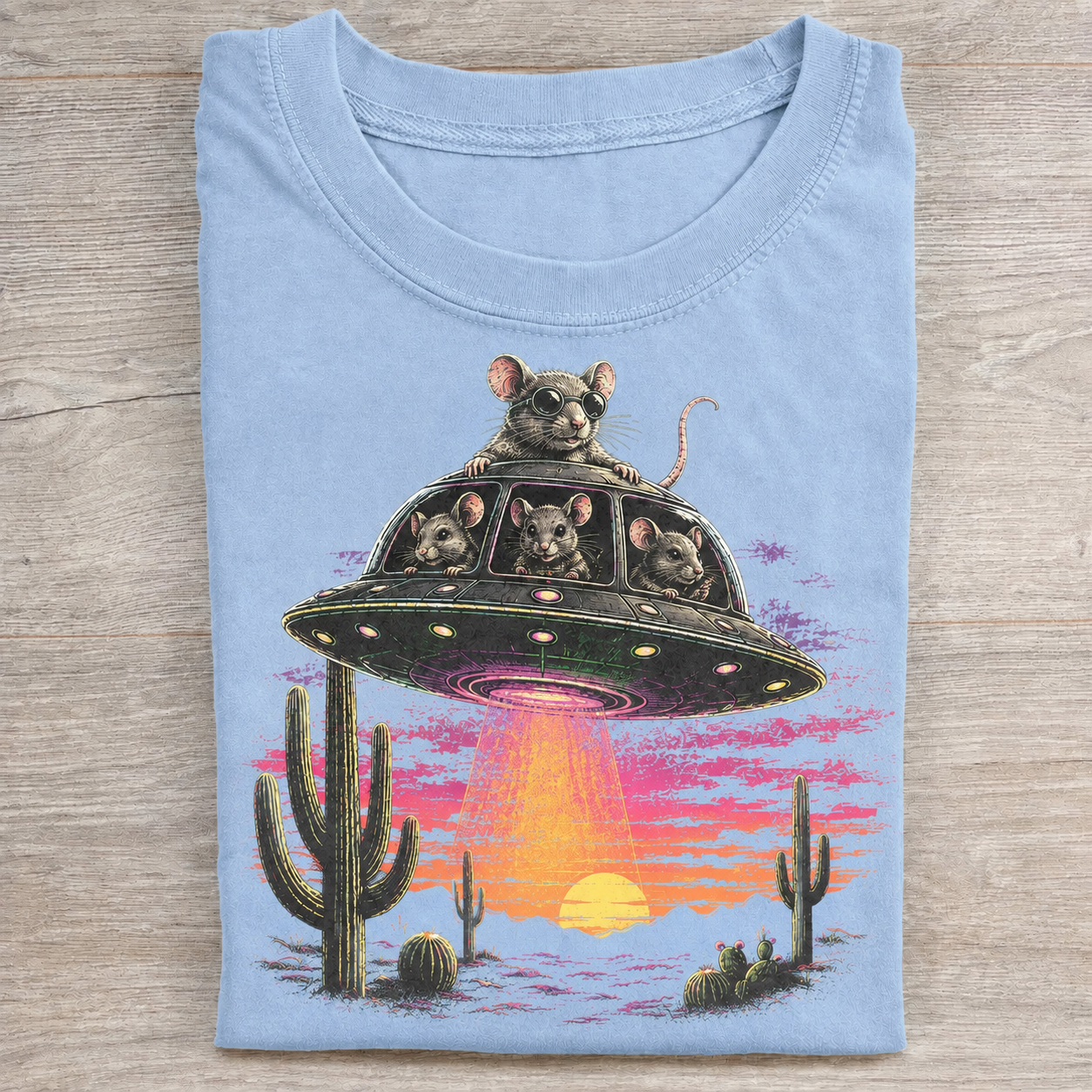 Retro UFO Mice Desert Cactus Vintage Graphic T-Shirt