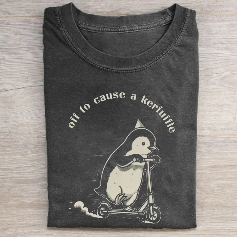 Off to Cause a Kerfuffle Penguin Scooter T-shirt-Teevibe