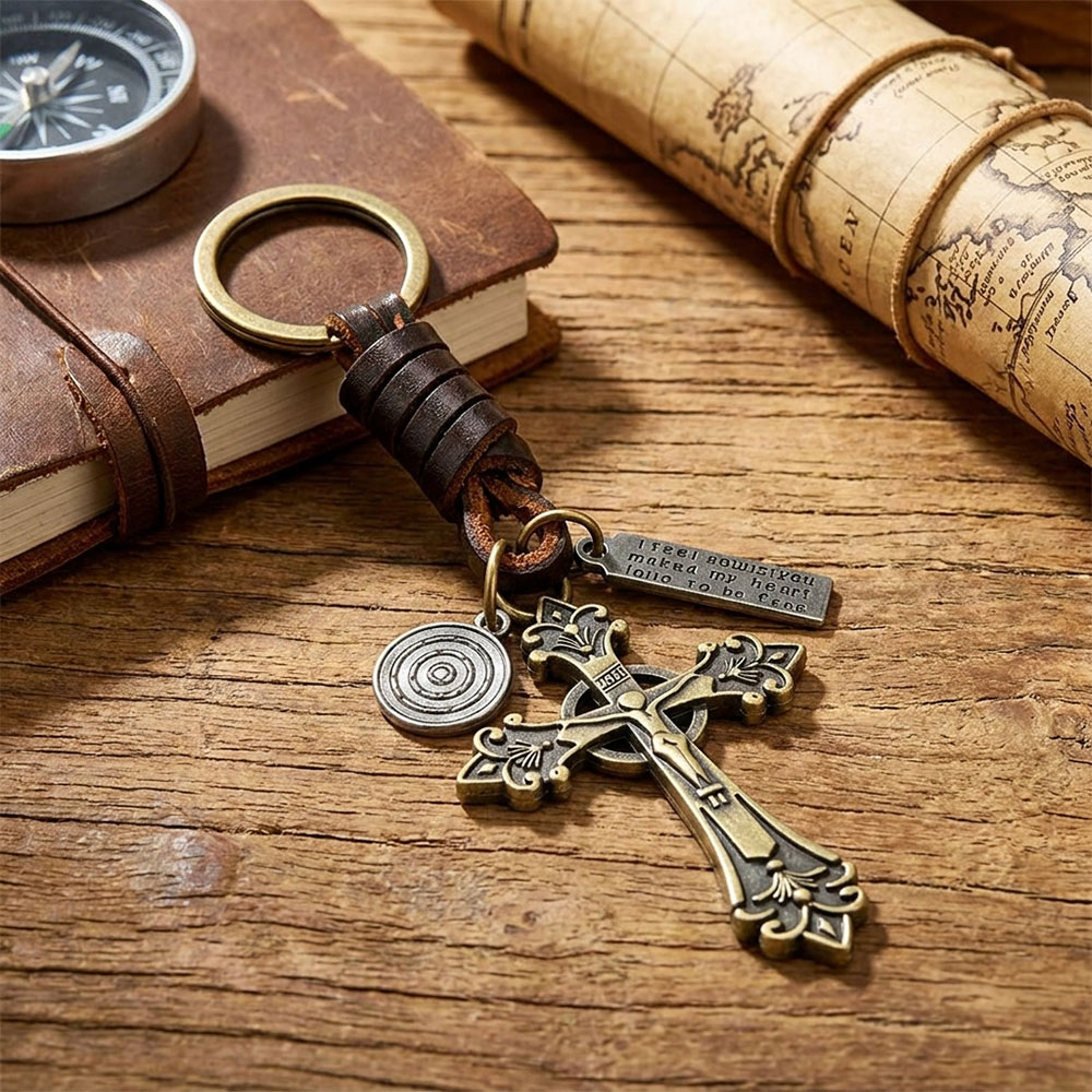 Vintage Cross Leather Christian Keychain-Teevibe