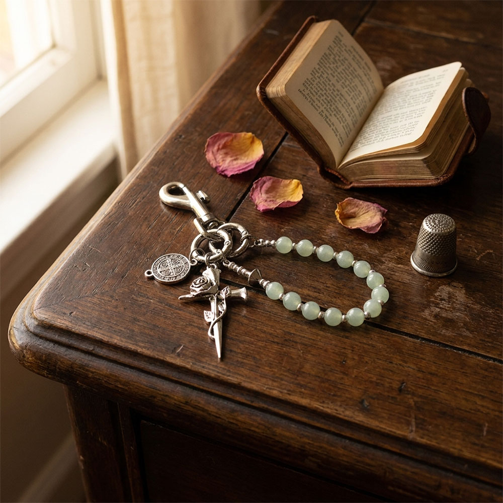 Christian Imitation Jade Resin Bead Rose Cross Waist Pendant-Teevibe