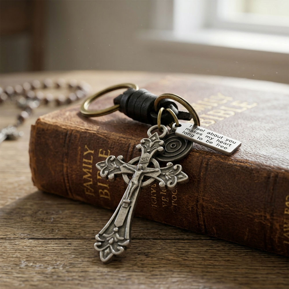 Vintage Cross Leather Christian Keychain-Teevibe
