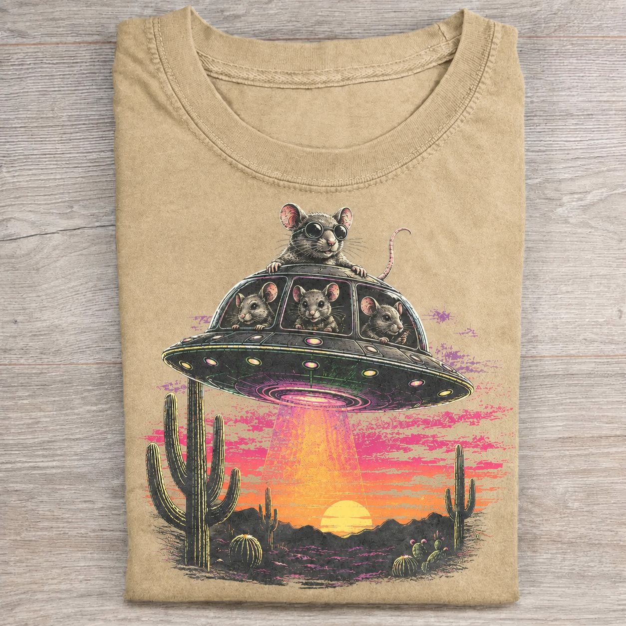 Retro UFO Mice Desert Cactus Vintage Graphic T-Shirt