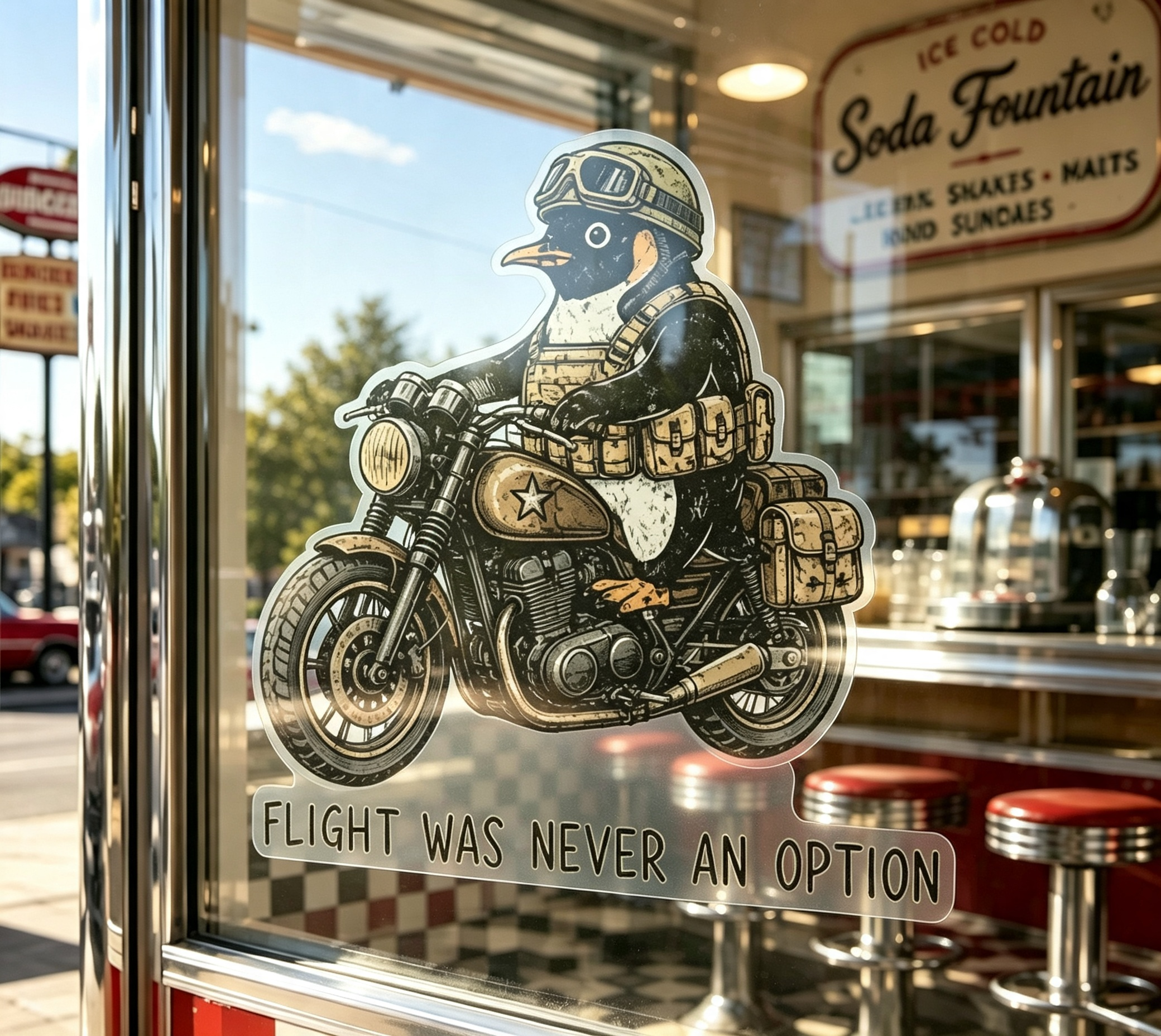 Tactical Penguin Riding Vintage Motorcycle Sticker
