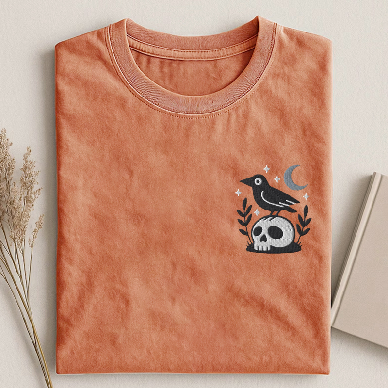 Embroidered Witchy Crow Skull T-shirt-Teevibe