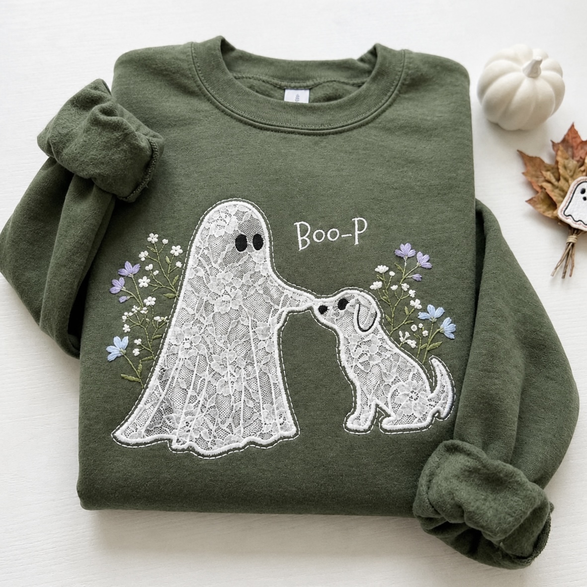 Embroidered Floral Lace Ghost and Dog Boop Sweatshirt,