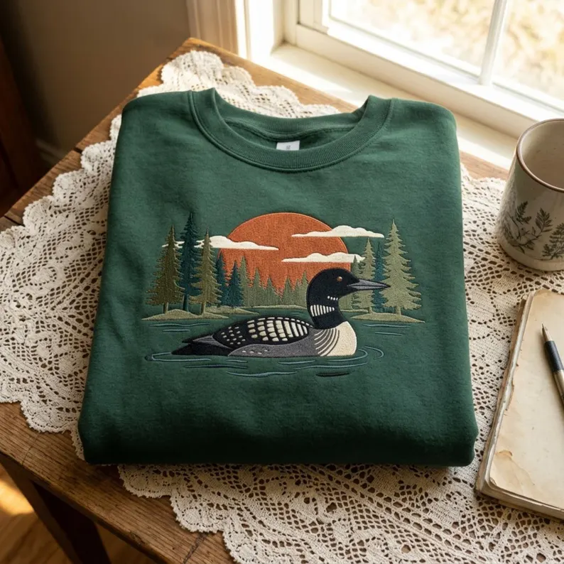 Embroidered Vintage Loon Lake Nature Sweatshirt