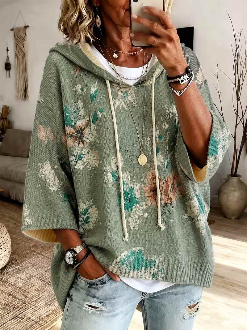 Women Vintage Floral Hooded Drawstring Cape Sweater