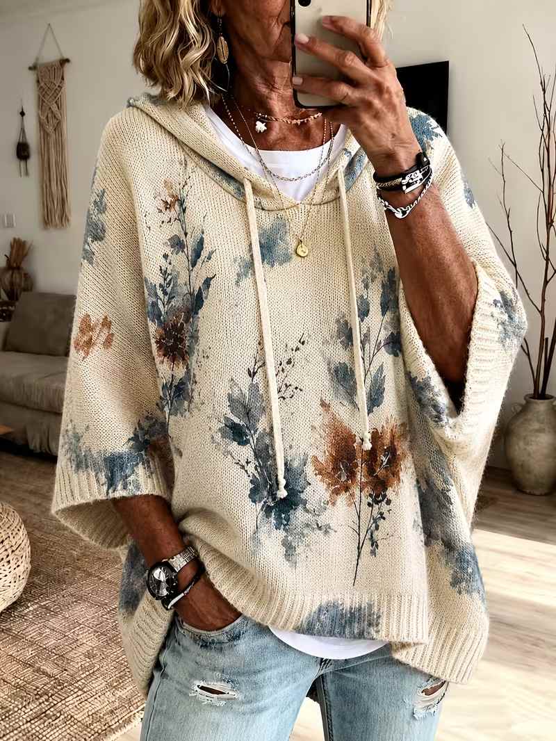 Women Vintage Floral Hooded Drawstring Cape Sweater