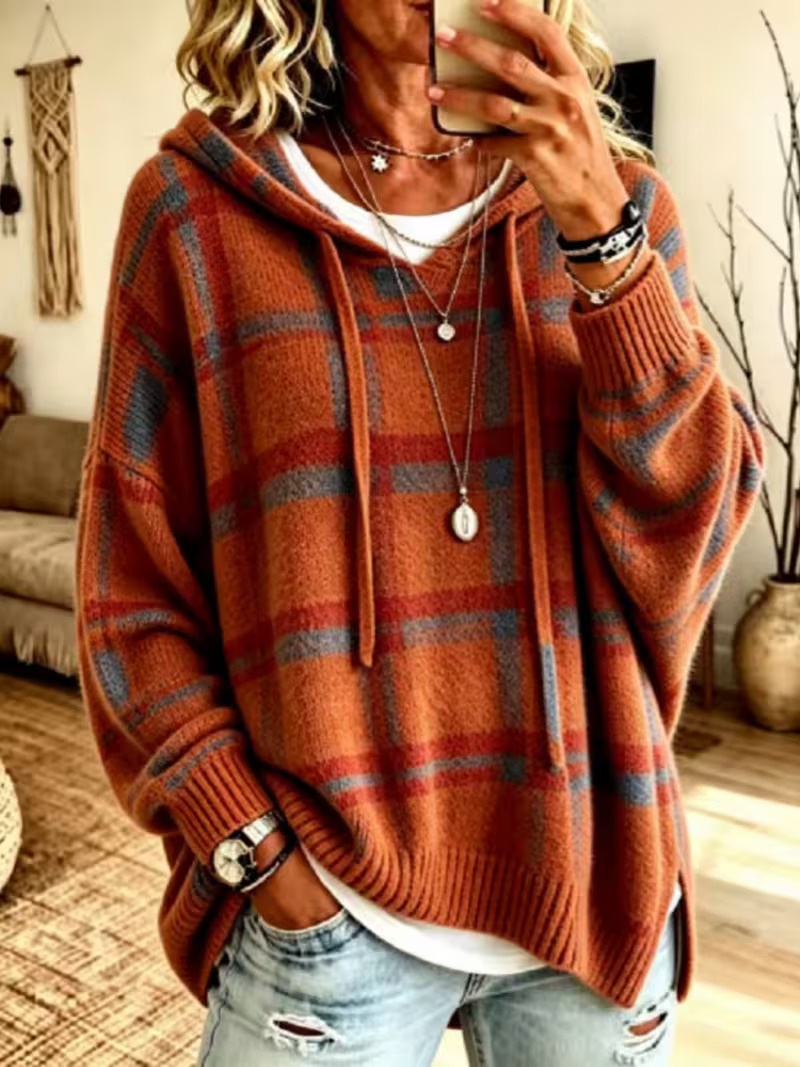 Vintage Plaid Hooded 3/4 Sleeve Drawstring Cape Sweater