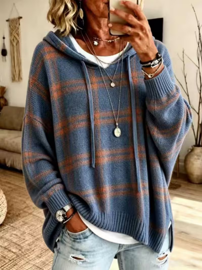 Vintage Plaid Hooded 3/4 Sleeve Drawstring Cape Sweater