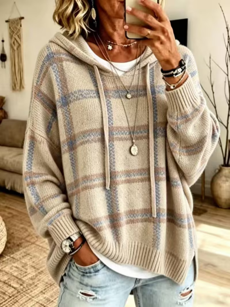Vintage Plaid Hooded 3/4 Sleeve Drawstring Cape Sweater