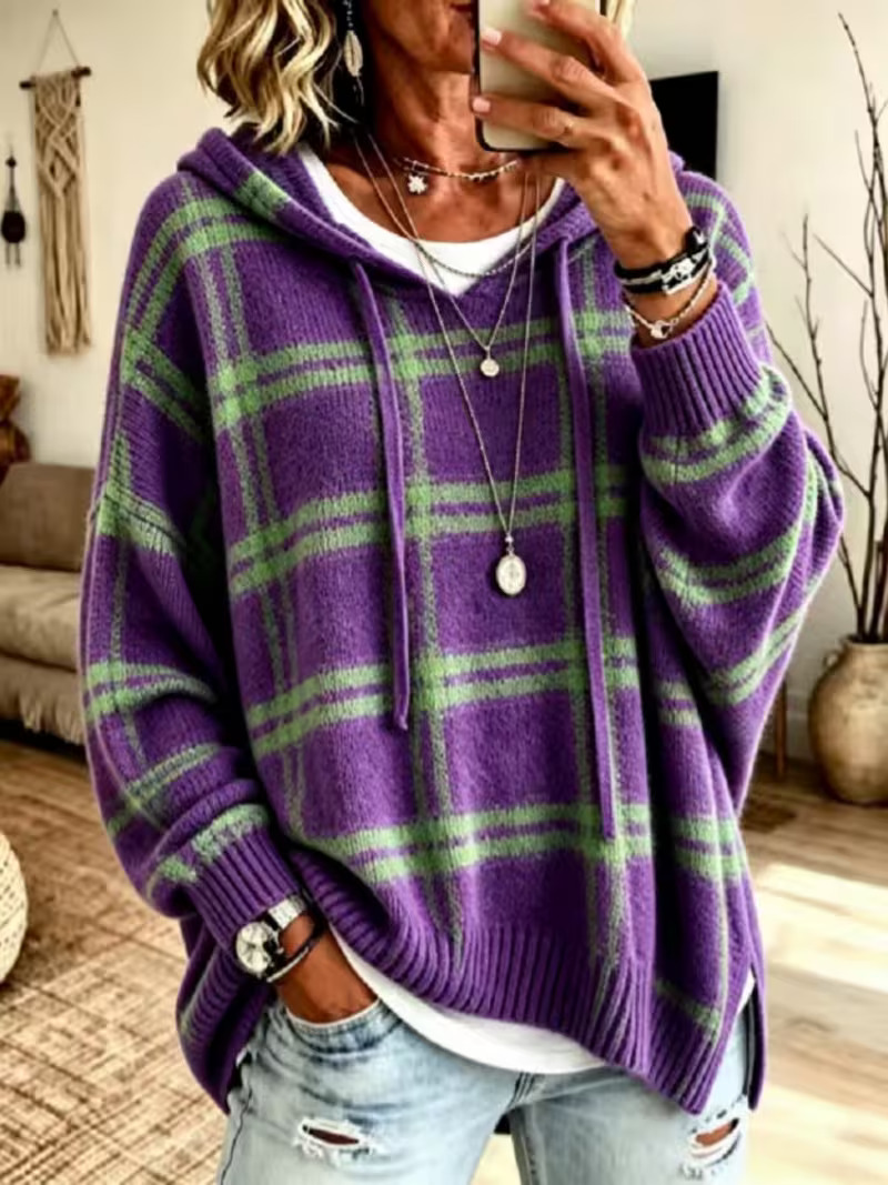Vintage Plaid Hooded 3/4 Sleeve Drawstring Cape Sweater