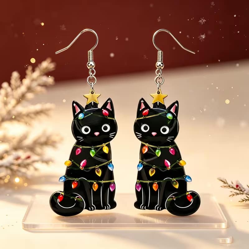 Christmas Black Cat With Lights Dangle Earrings