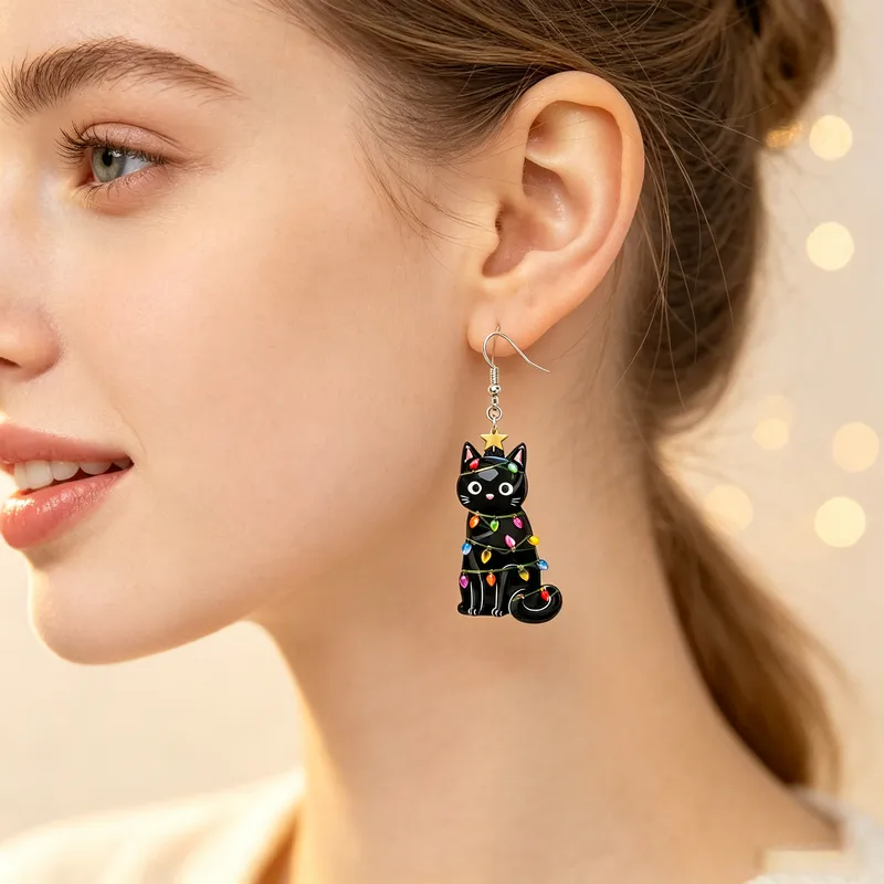 Christmas Black Cat With Lights Dangle Earrings