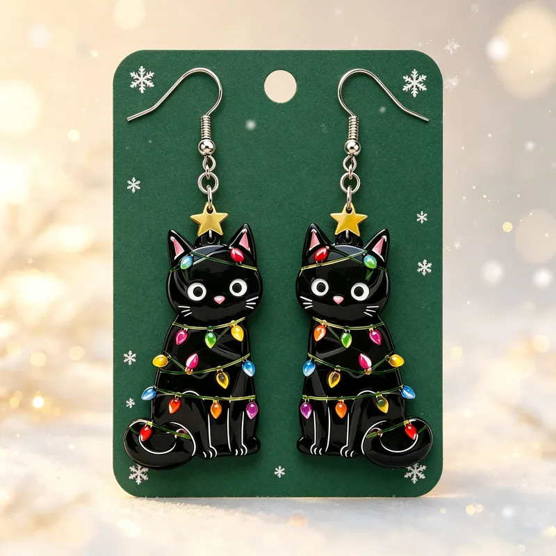 Christmas Black Cat With Lights Dangle Earrings