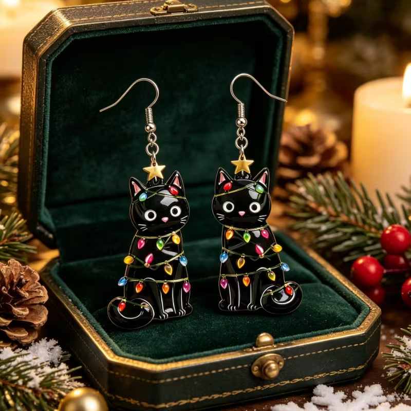Christmas Black Cat With Lights Dangle Earrings