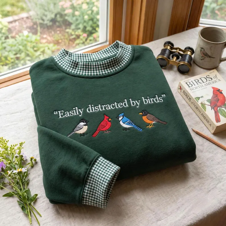 Easily Distracted By Birds Embroidered Gingham Sweatshirt
