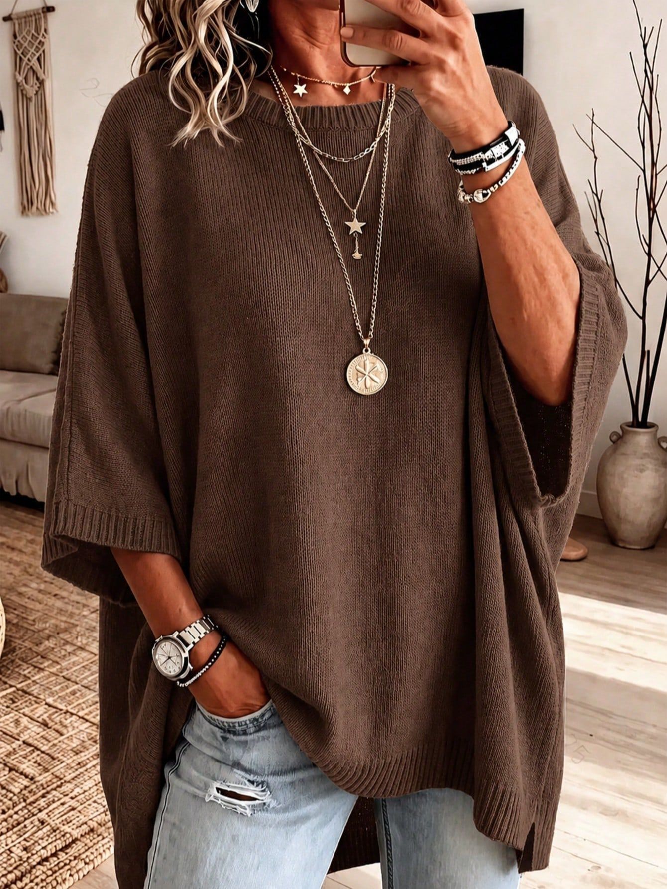 Plus Size Solid Boho Loose Cape Knit Sweater