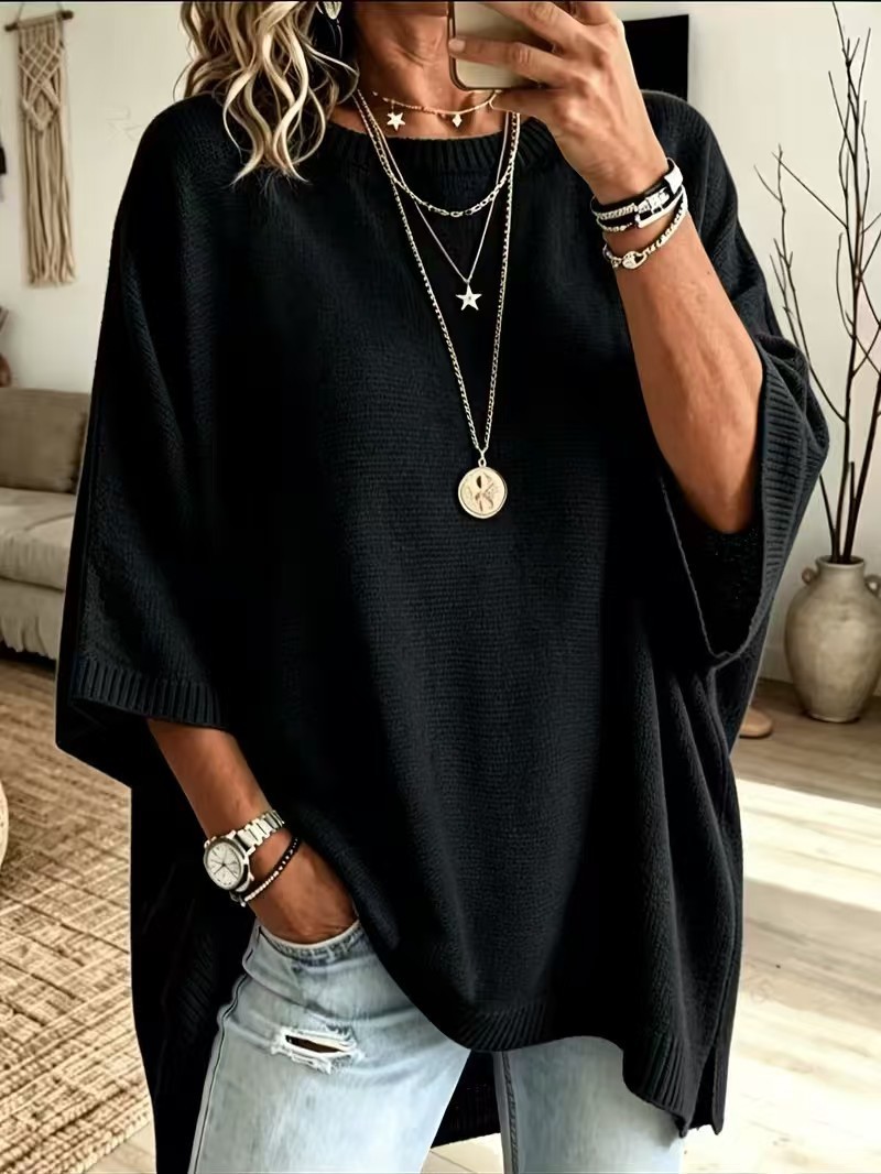 Plus Size Solid Boho Loose Cape Knit Sweater