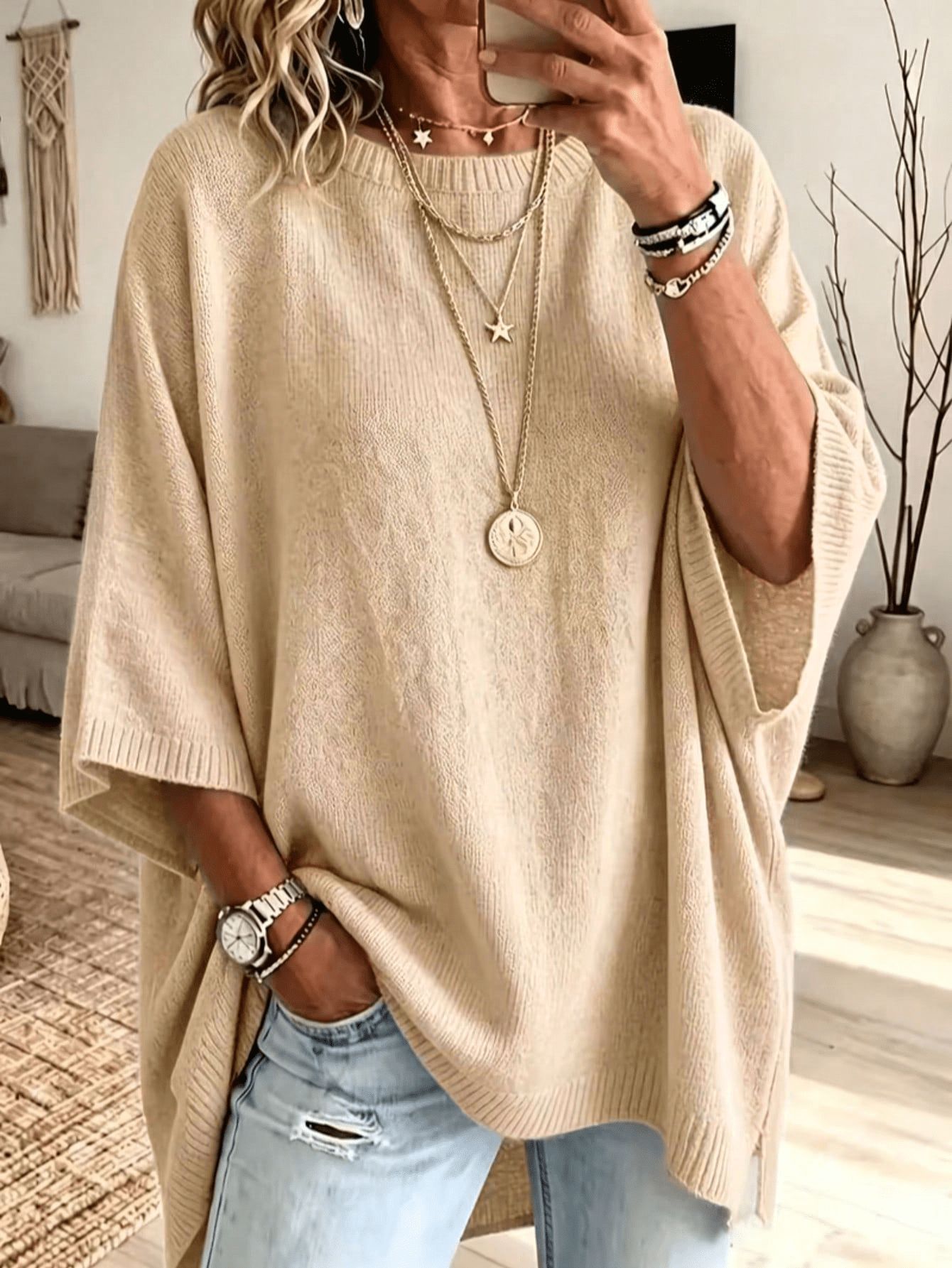 Plus Size Solid Boho Loose Cape Knit Sweater