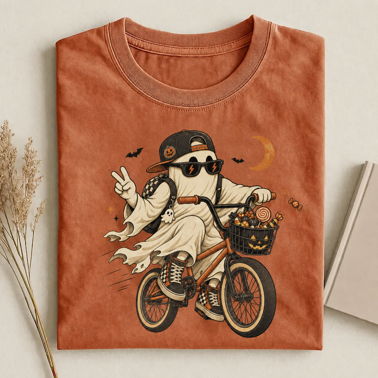 Retro Halloween Ghost Riding Bike T-shirt