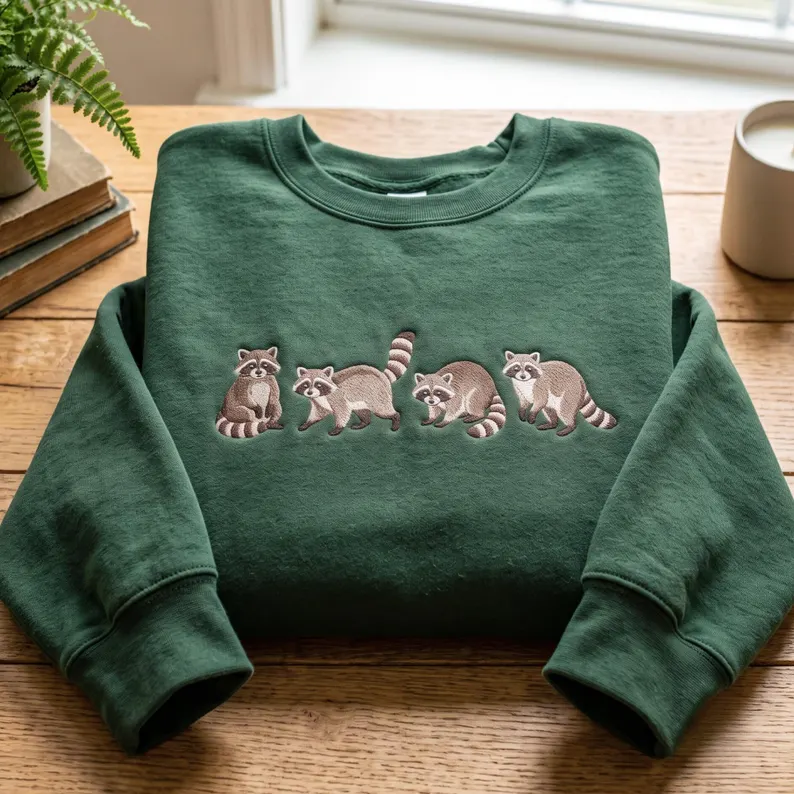 Embroidered Raccoon Crewneck Sweatshirt