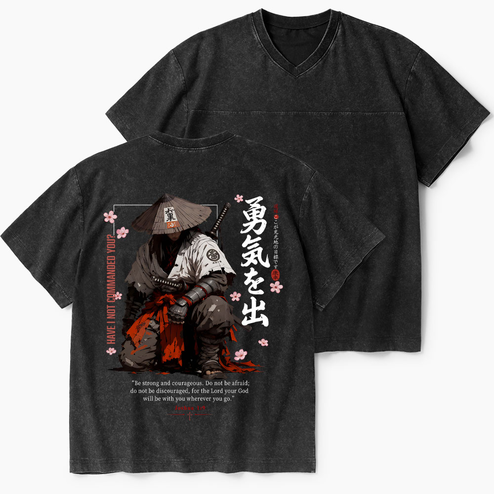 Be Strong And Courageous Christian Washed V-Neck T-Shirt-Teevibe