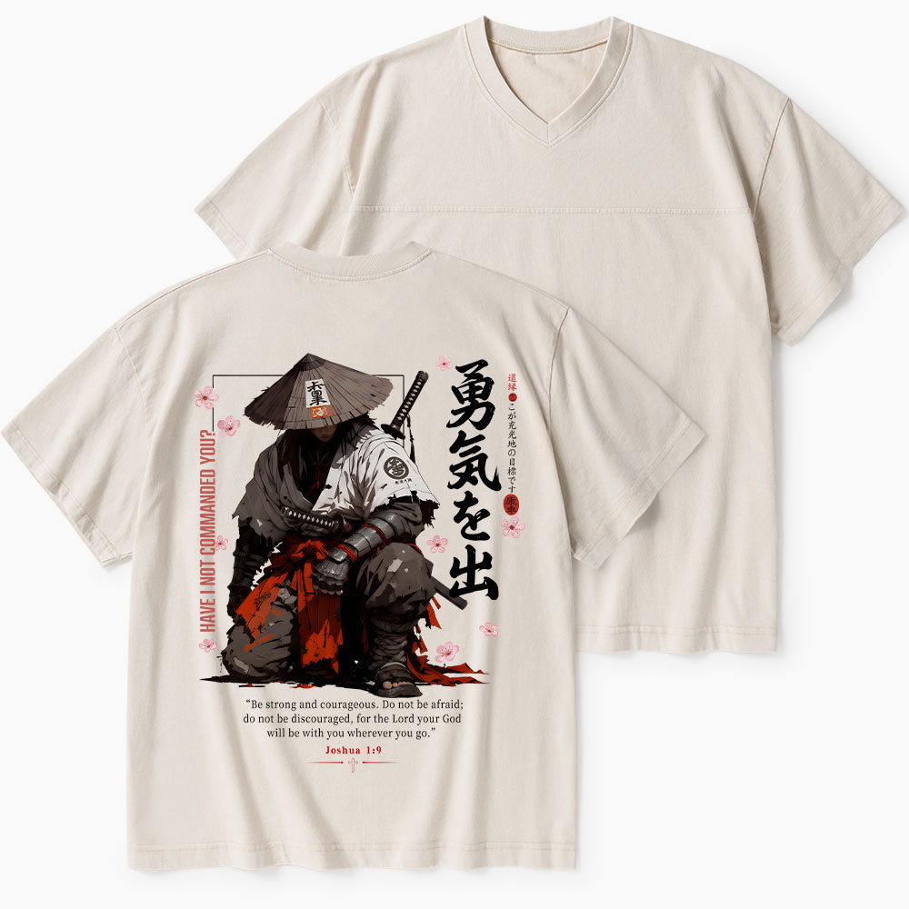 Be Strong And Courageous Christian Washed V-Neck T-Shirt-Teevibe
