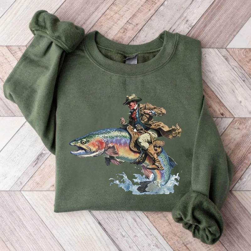 Cowboy Riding Rainbow Trout Long Sleeve-Teevibe