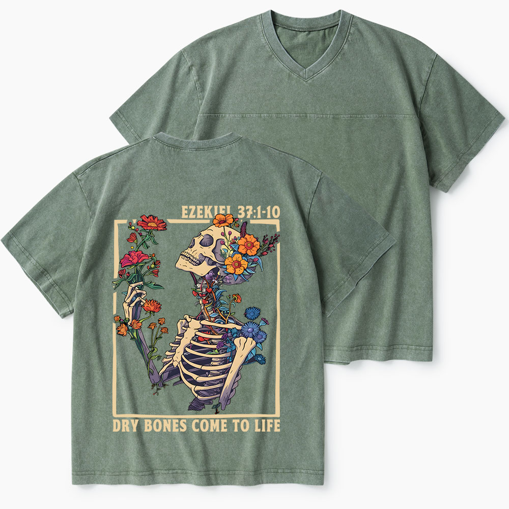 Dry Bones Come To Life Christian Washed V-Neck T-Shirt-Teevibe