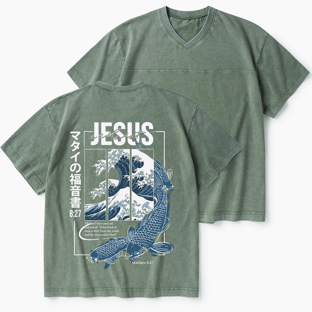Even The Winds And The Waves Obey Him Christian Washed V-Neck T-Shirt-Teevibe