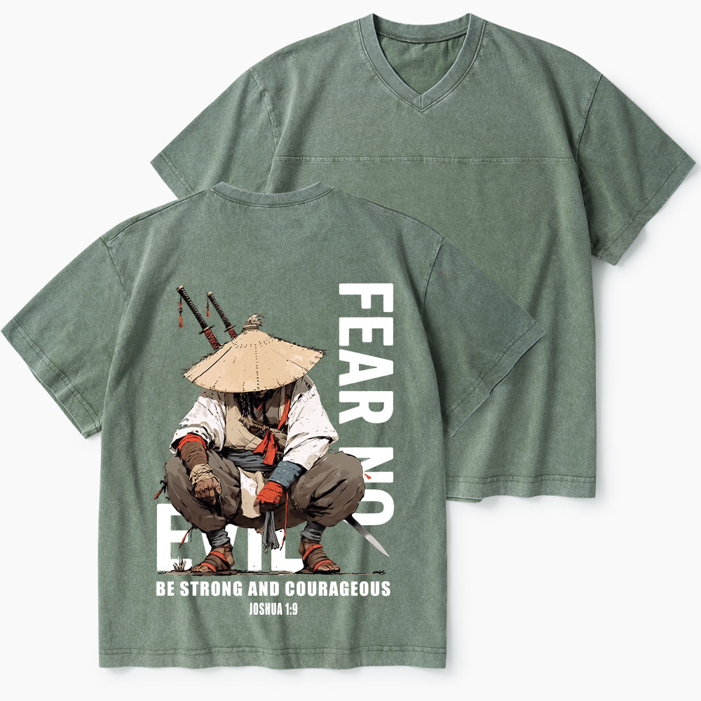 Fear No Evil Christian Washed V-Neck T-Shirt-Teevibe