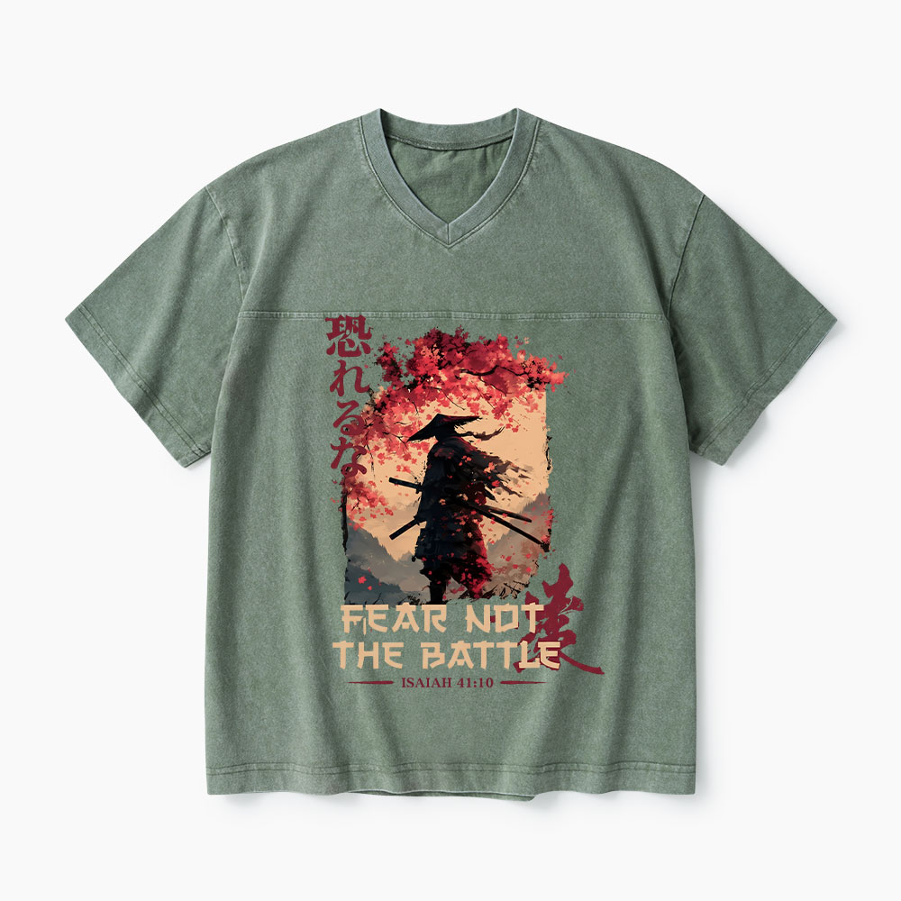 Fear Not The Battle Christian Washed V-Neck T-Shirt-Teevibe