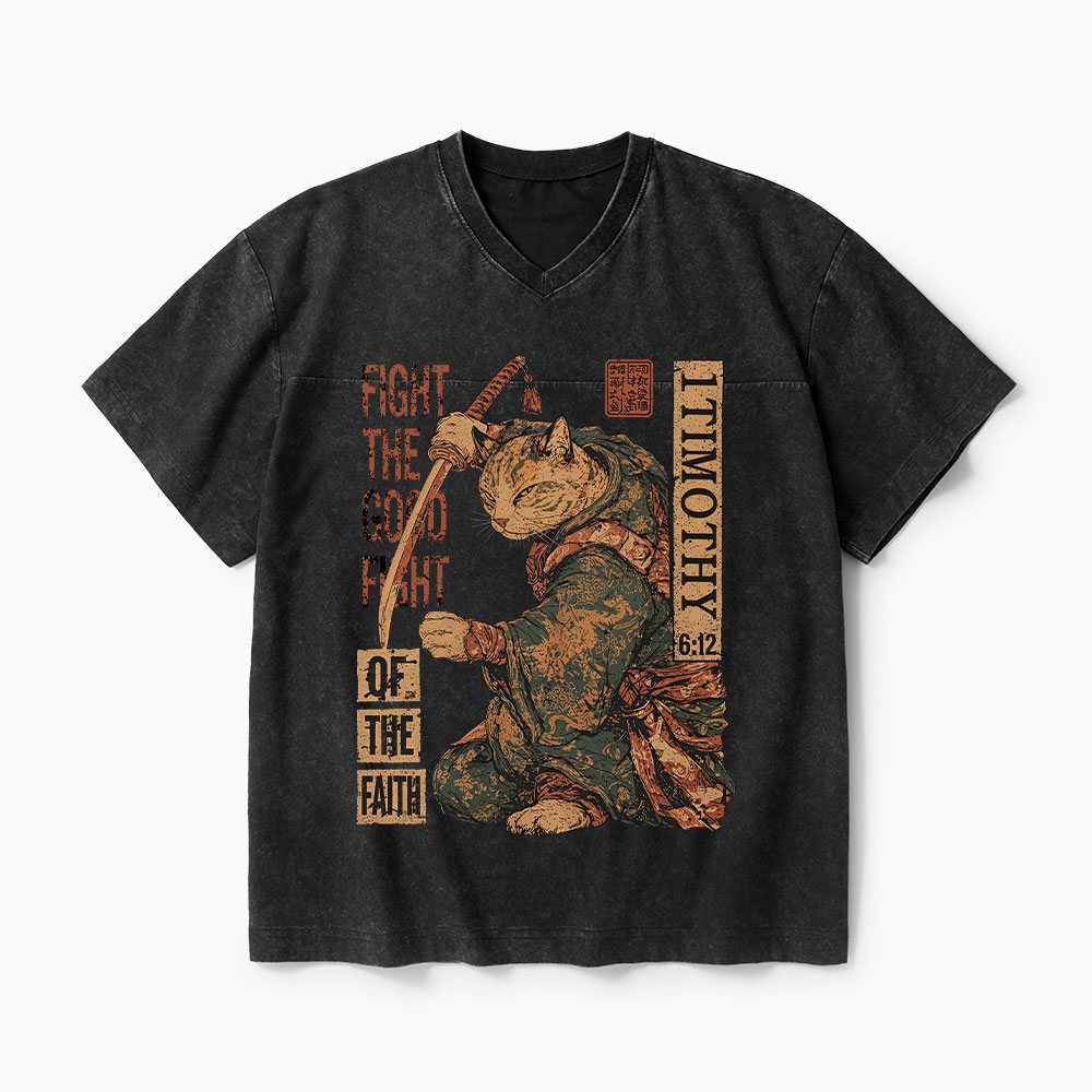 Fight The Good Fight Of The Faith Christian Washed V-Neck T-Shirt-Teevibe