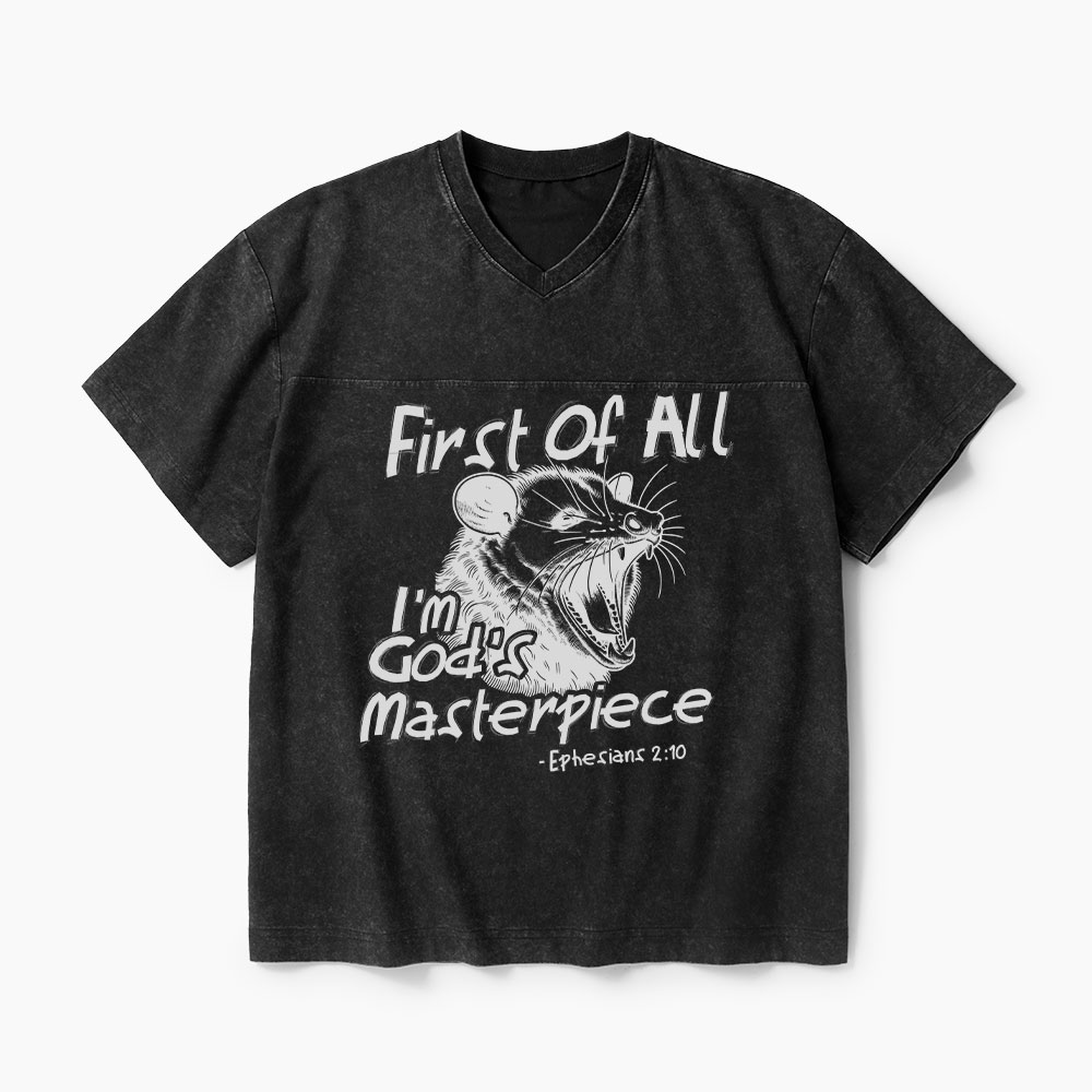First Of All I'm God's Masterpieces Christian Washed V-Neck T-Shirt-Teevibe