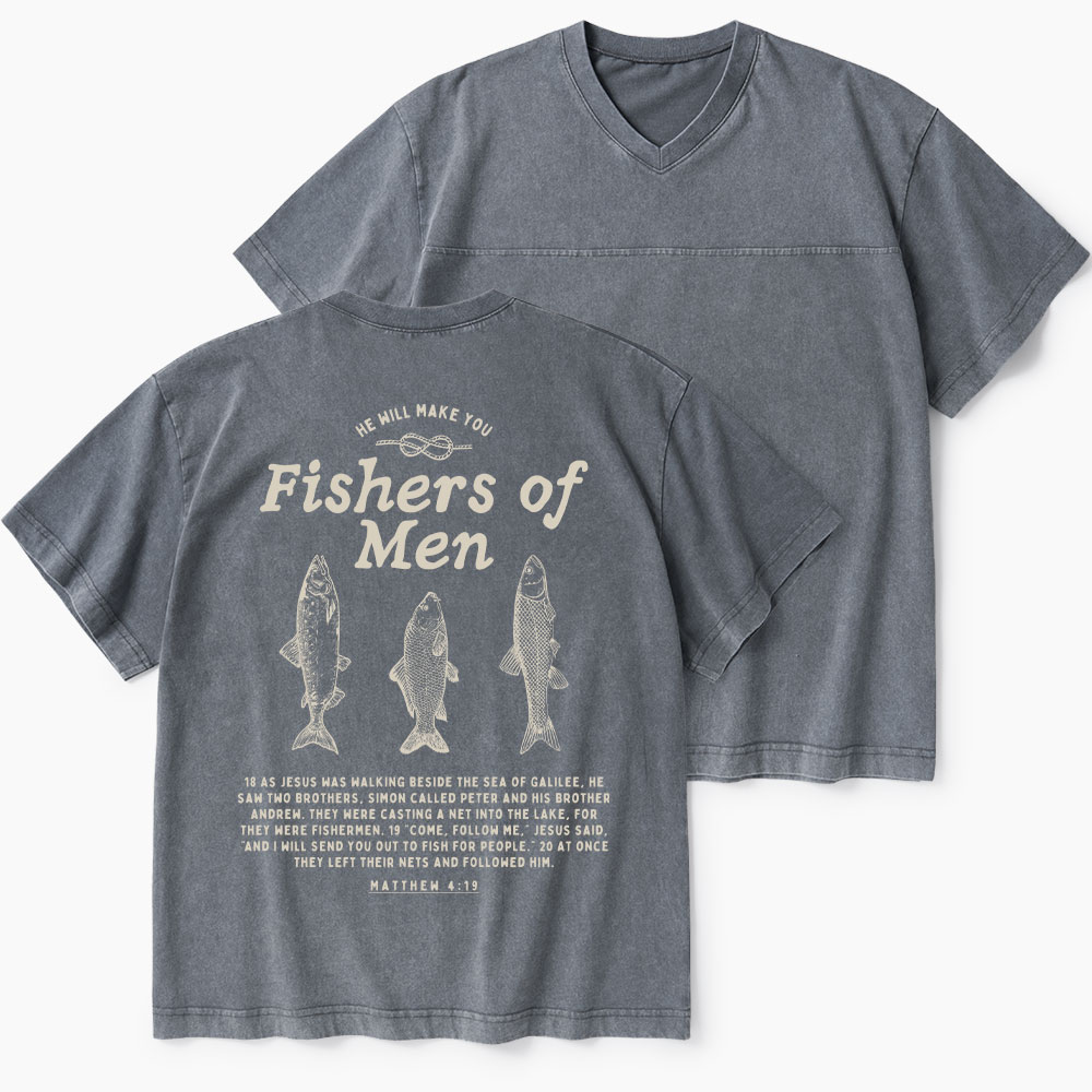 Fishers Of Man Christian Washed V-Neck T-Shirt-Teevibe