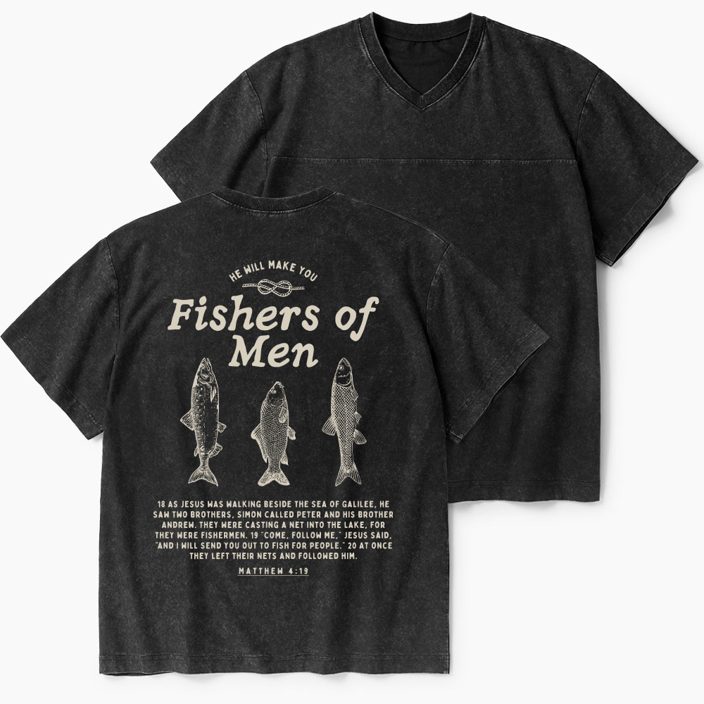 Fishers Of Man Christian Washed V-Neck T-Shirt-Teevibe
