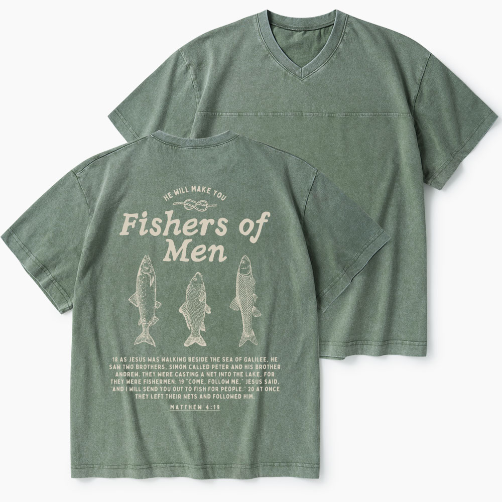 Fishers Of Man Christian Washed V-Neck T-Shirt-Teevibe