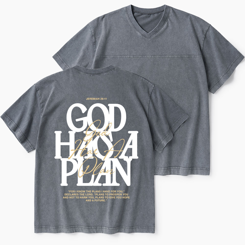 God Has A Plan Christian Washed V-Neck T-Shirt-Teevibe