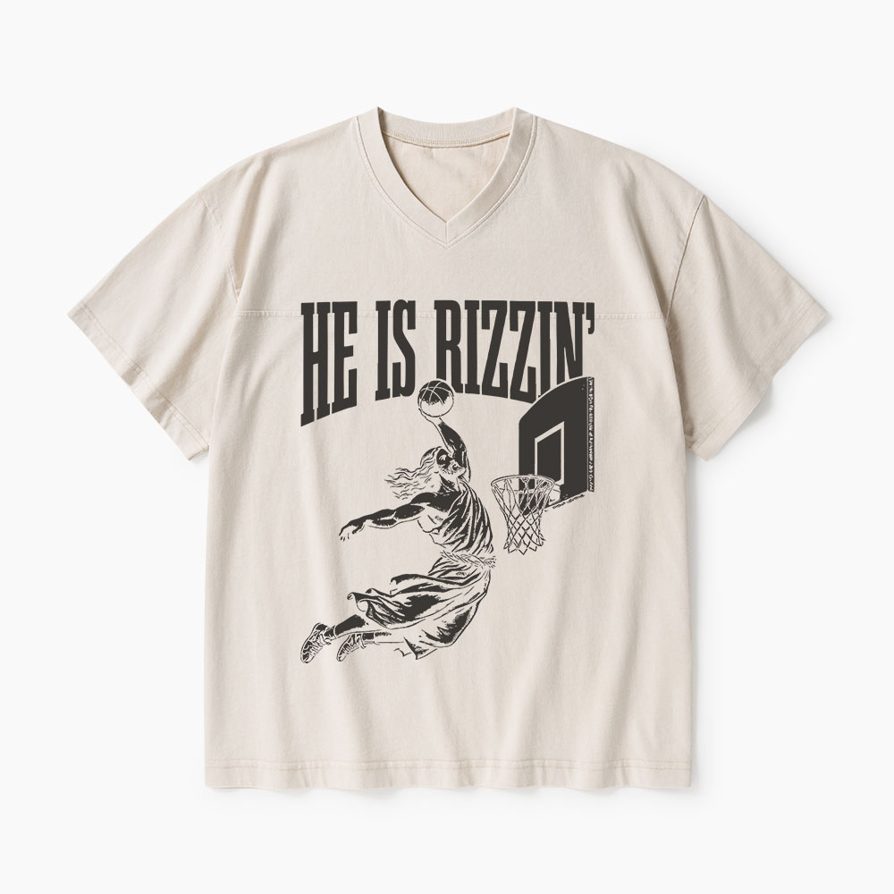 He Is Rizzin Christian Washed V-Neck T-Shirt-Teevibe