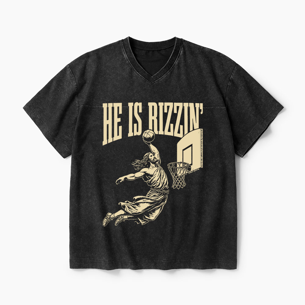 He Is Rizzin Christian Washed V-Neck T-Shirt-Teevibe