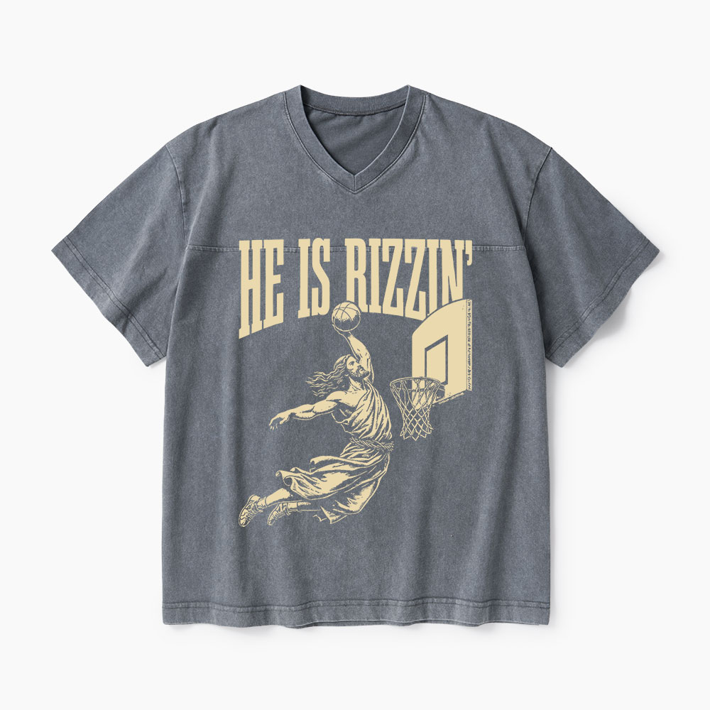 He Is Rizzin Christian Washed V-Neck T-Shirt-Teevibe