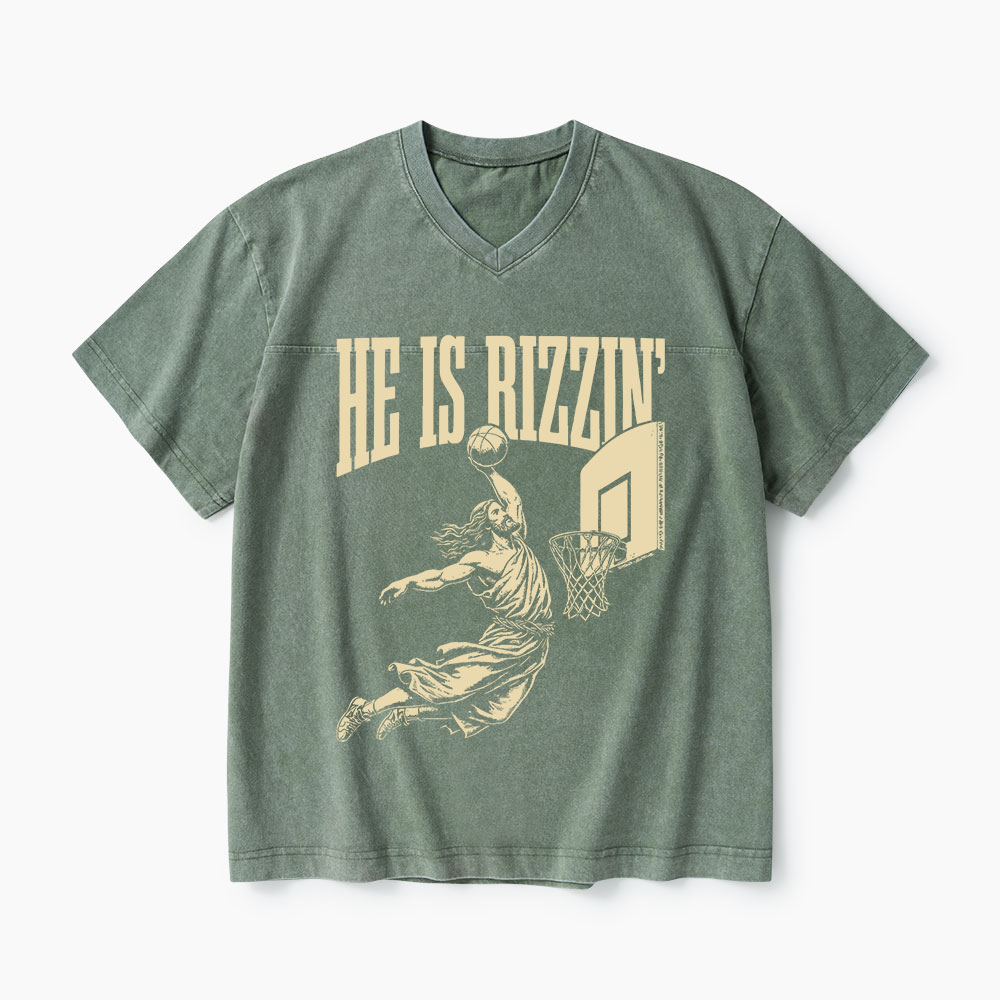 He Is Rizzin Christian Washed V-Neck T-Shirt-Teevibe